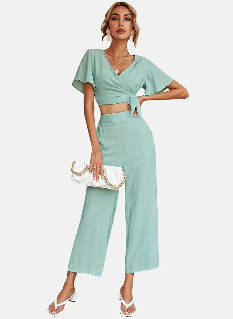 يونيكي Sea Green V Neck Solid Top with Trouser