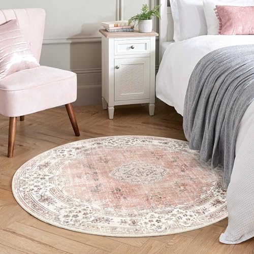 MUJOO Pink Round Rug 4ft,Circle Washable Area Rugs for Bedroom Living Room Bathroom,Boho Small Non Slip Circular Carpet,Blush Floral - Image 3