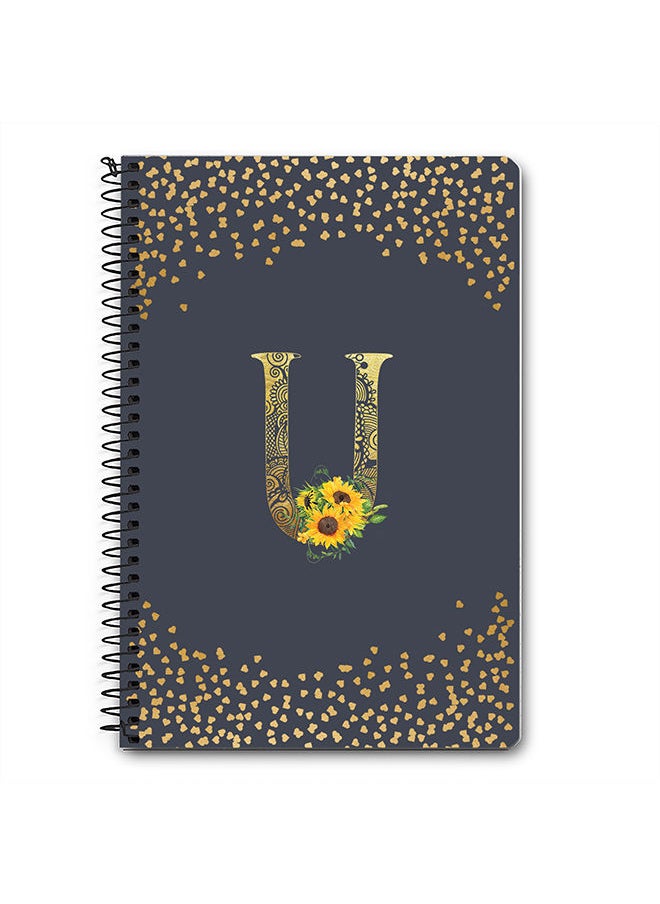Stylizedd - Designer A5 Spiral Notebook Memo Notepad Journal - Custom Monogram Initial Letter Mandala Floral Pattern Alphabet - U - Grey - Image 1