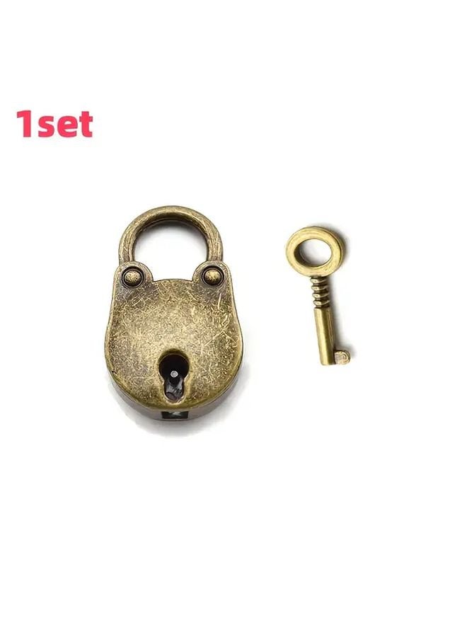 Vintage Bronze Mini Old Metal Lock And Key Padlock 1 Set - Image 1