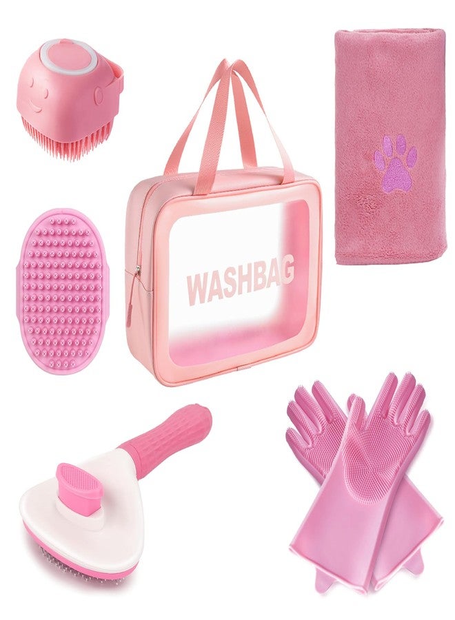 Kemodia 6PCS Pink Dog Washing Kit with Dog Brush, Shampoo Brush, Bath Scrubber,Washing Gloves, 39.7" × 20.5" Towel and Big Toiletries Bag. - Image 1