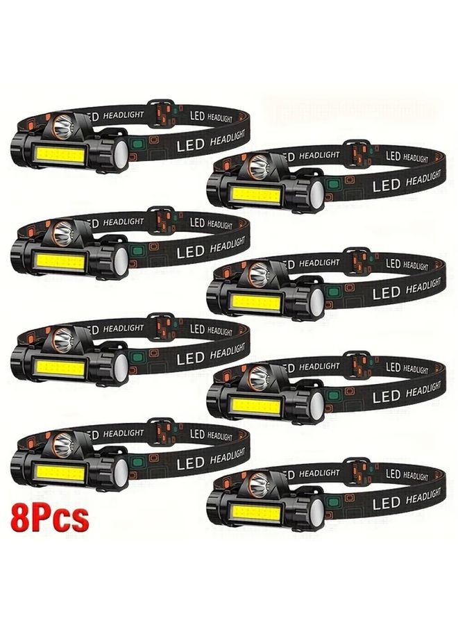 8PCS LED Portable Headlamp USB Rechargeable COB Lightweight Adjustable Headband - Image 1