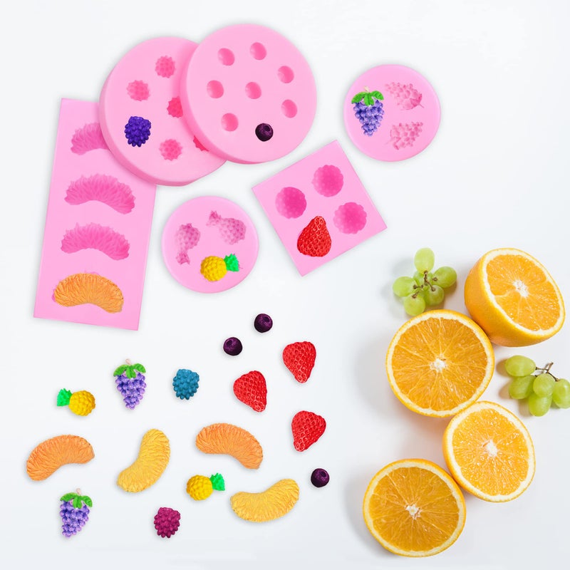 HKACSTHI 6 Pieces Fruit Fondant Molds Fruit Shaped Silicone 3D Strawberry Mold Fruit Silicone Molds Orange Pineapple Mulberry Blueberry Grape Fondant Molds for Jelly Cupcake Decorating - Image 3