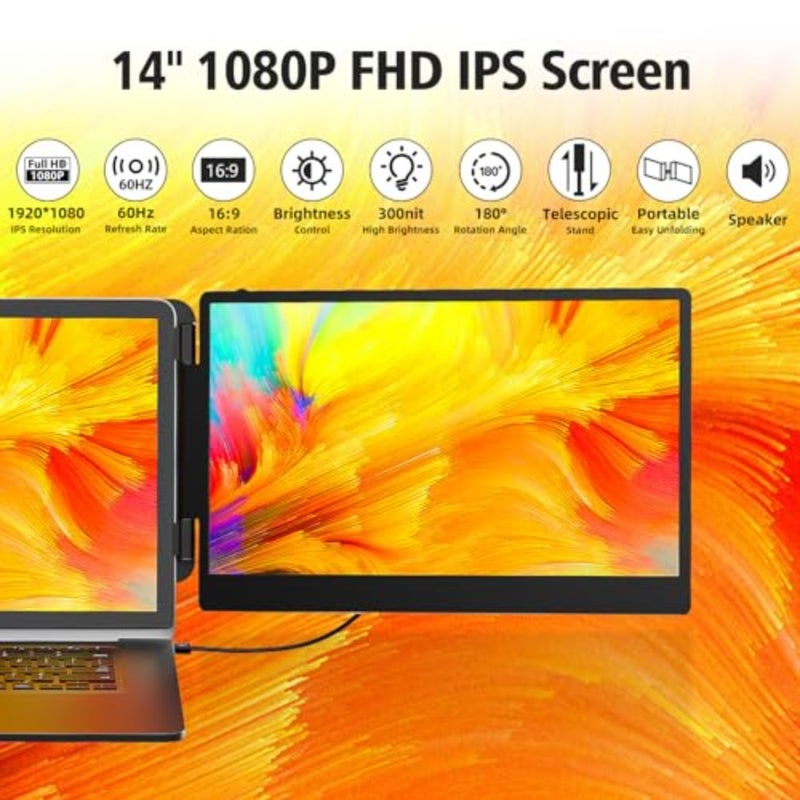 شاشة محمولة للمكتب والسفر، لوحة IPS، سوداء، دقة FHD 1080P مع توافق HDMI/USB-A/USB-C للتوصيل والتشغيل - Image 4