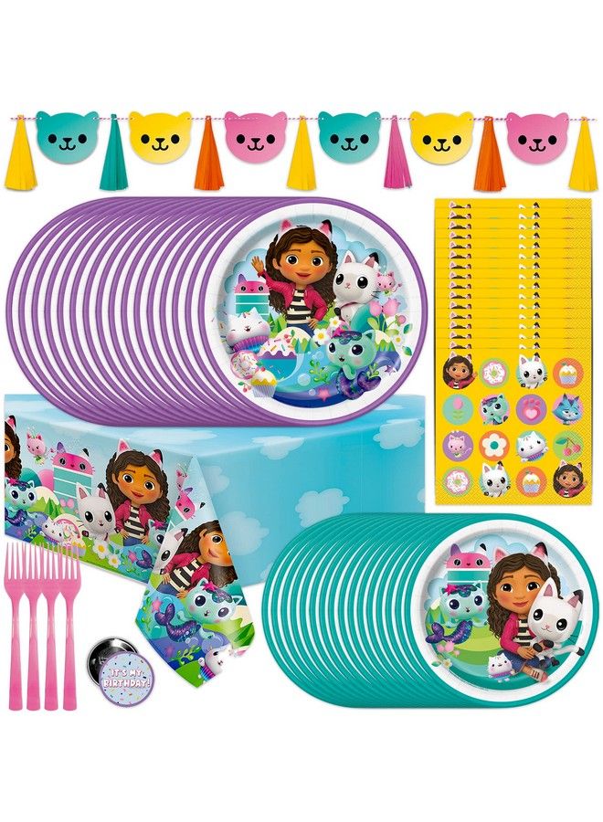Unique Gabby Dollhouse Party Supplies ; Gabby Dollhouse Party Supplies ; Gabby Doll House Party Supplies ; Officially Licensed ; Banner Tablecover Plates Napkins Button ; Serves 16 Guests  - Image 1