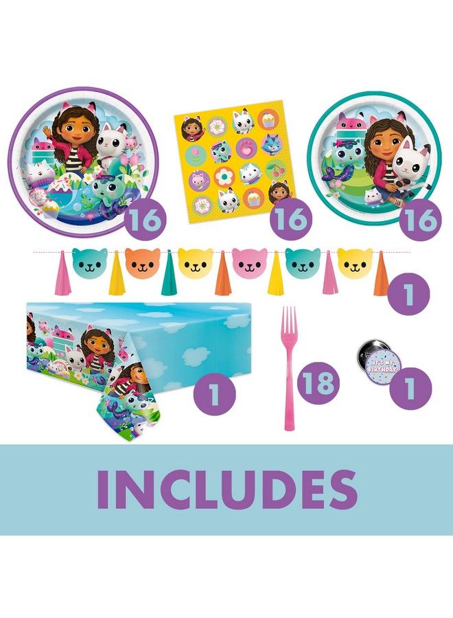 Unique Gabby Dollhouse Party Supplies ; Gabby Dollhouse Party Supplies ; Gabby Doll House Party Supplies ; Officially Licensed ; Banner Tablecover Plates Napkins Button ; Serves 16 Guests  - Image 4