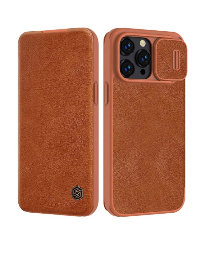 Nillkin iPhone 14 Pro Max Wallet Case with Camera Cover and Card Holder PU Leather Case Flip Cover with Slide Camera Protection 6.7 inch Brown Brown - Image 1