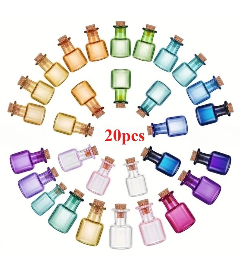 20pcs Mini Square Glass Bottles with Cork Stoppers Random Color for Party Wedding DIY Decor - Image 1