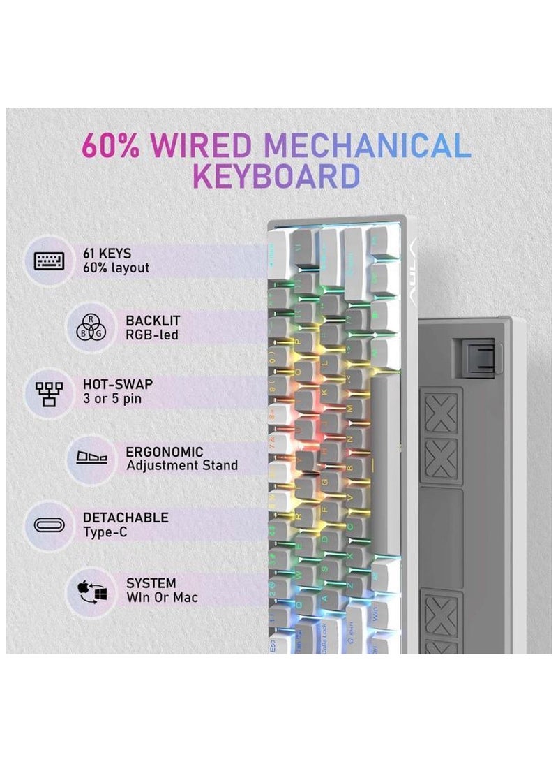 أولا لوحة مفاتيح ميكانيكية سلكية AULA F3261 مكونة من 61 مفتاحًا مع إمكانية التبديل السريع RGB ولوحة مفاتيح ألعاب مضغوطة مع إضاءة خلفية LED ووضع Type-C - Image 3