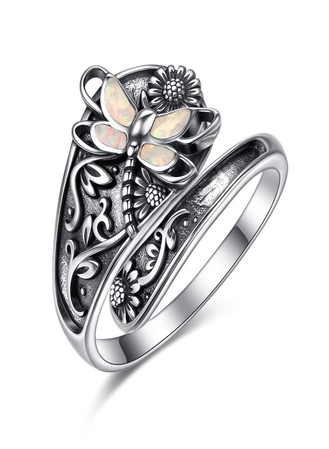 PRAYMOS S925 Sterling Silver Opal Dragonfly Spoon Ring Vintage Boho Thumb Rings Oxidized Wrap Ring Victorian Style Antique Floral Jewelry Gifts for Mother Mom Women - Image 1