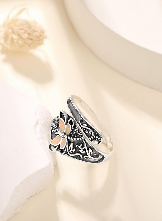 PRAYMOS S925 Sterling Silver Opal Dragonfly Spoon Ring Vintage Boho Thumb Rings Oxidized Wrap Ring Victorian Style Antique Floral Jewelry Gifts for Mother Mom Women - Image 2