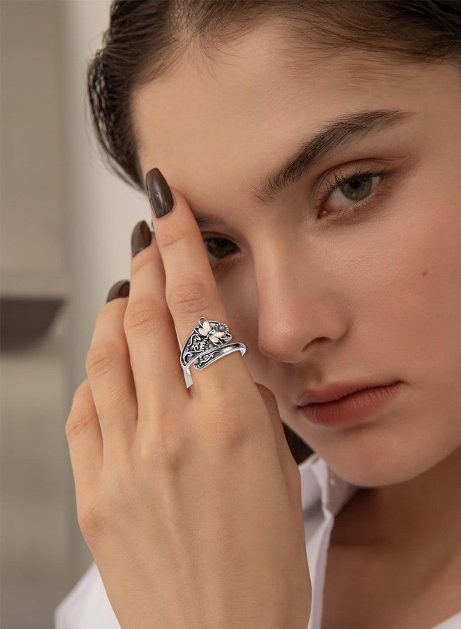 PRAYMOS S925 Sterling Silver Opal Dragonfly Spoon Ring Vintage Boho Thumb Rings Oxidized Wrap Ring Victorian Style Antique Floral Jewelry Gifts for Mother Mom Women - Image 5