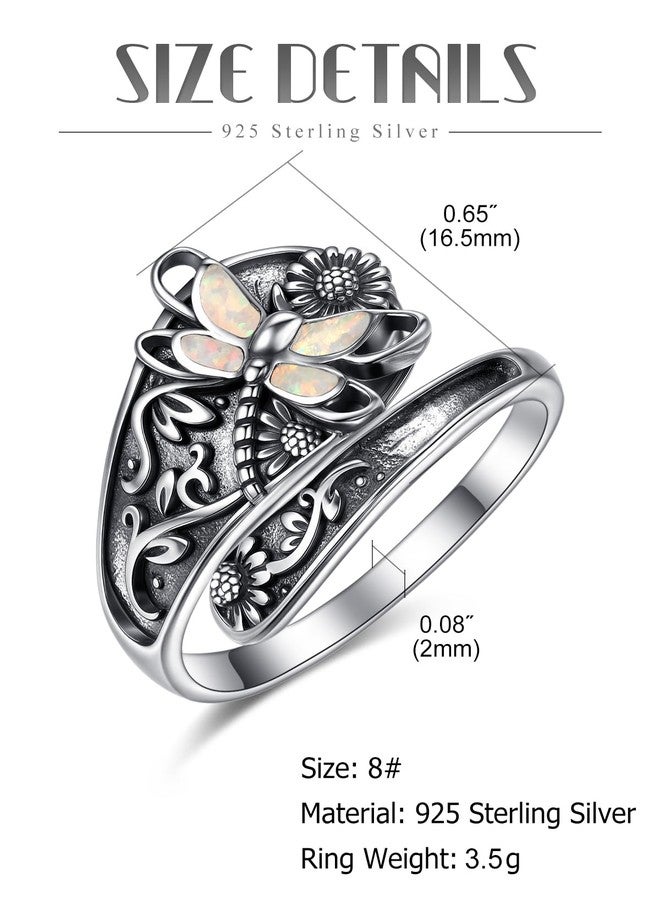 PRAYMOS S925 Sterling Silver Opal Dragonfly Spoon Ring Vintage Boho Thumb Rings Oxidized Wrap Ring Victorian Style Antique Floral Jewelry Gifts for Mother Mom Women - Image 3