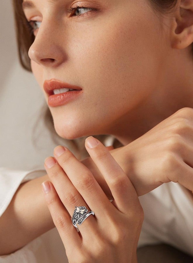 PRAYMOS S925 Sterling Silver Opal Dragonfly Spoon Ring Vintage Boho Thumb Rings Oxidized Wrap Ring Victorian Style Antique Floral Jewelry Gifts for Mother Mom Women - Image 4