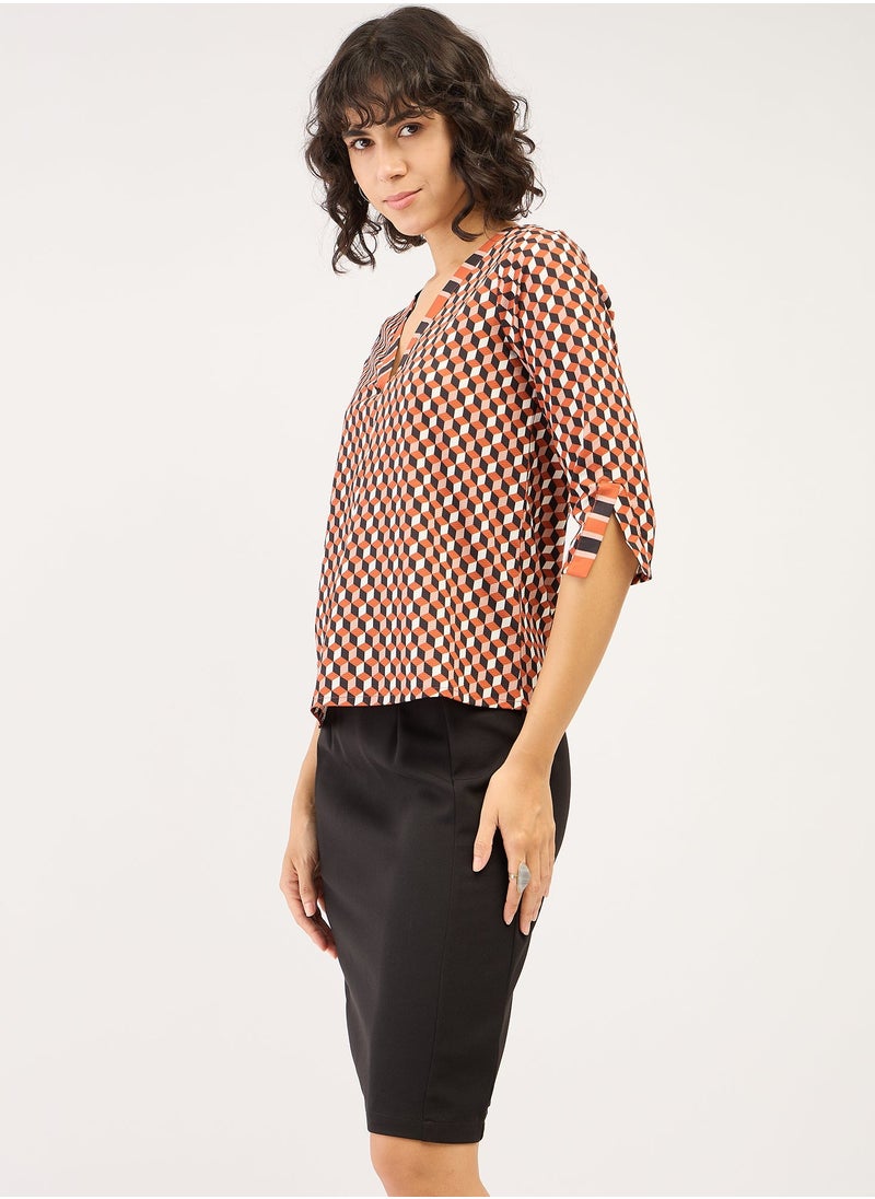 Salt Attire Women's Multi-Color Geometric Pattern Top with V-Neckline, Contrast Pattern Placement Detail, and 3/4th Length Slitted Sleeves for a Bold and Modern Look  - Image 5
