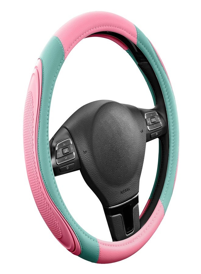Road Comforts Car Steering Wheel Cover - Microfiber Leather Steering Wheel Wrap Sports 14.5-15 Inch Steering Wheel Cover Non-Slip for Men Women Pink & Green Color - Image 2