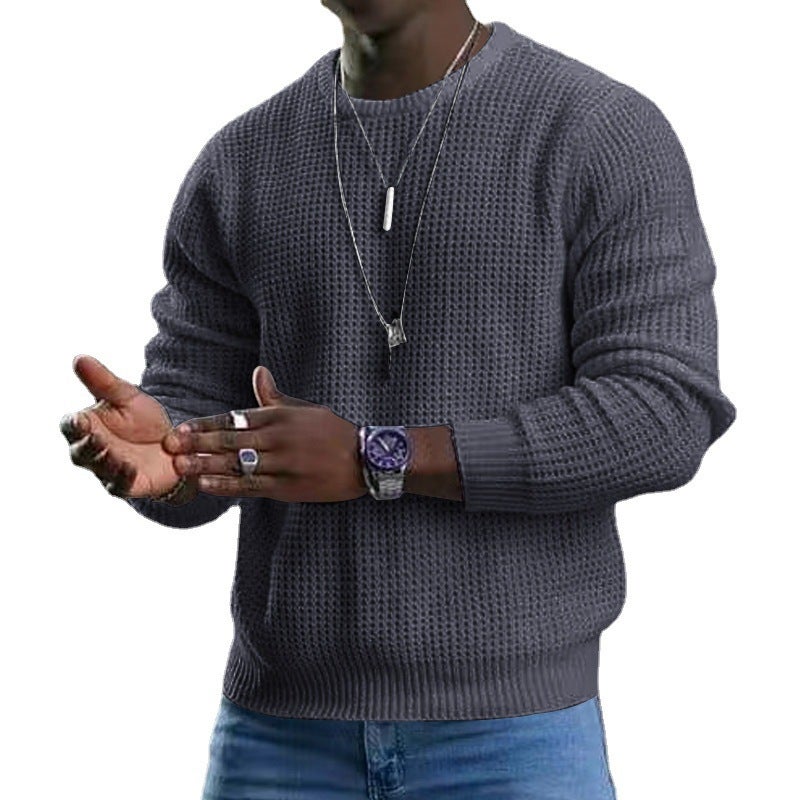 Men's Clothing Temu Pure Color Waffle Long-Sleeved T-Shirt Spring and Autum New Round Neck Top for Men - Image 5