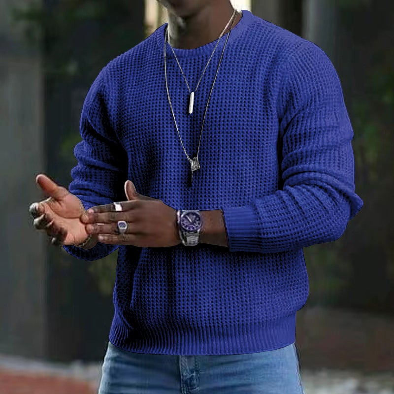 Men's Clothing Temu Pure Color Waffle Long-Sleeved T-Shirt Spring and Autum New Round Neck Top for Men - Image 1