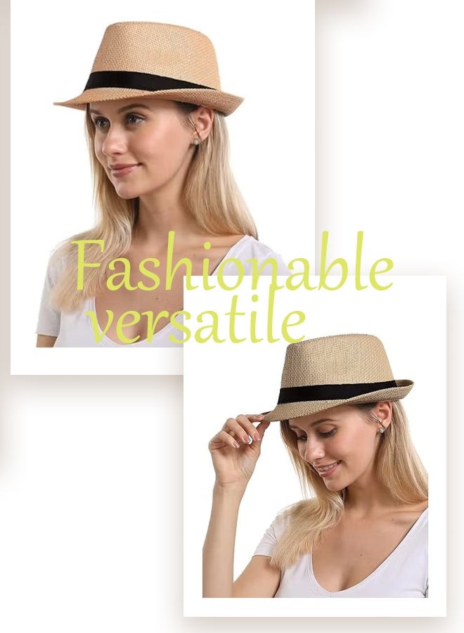 قبعة من القش، قبعة قش عصرية للجنسين مع شريط متباين وحافة مجعدة للرجال، قبعة بنما جاز - Image 4
