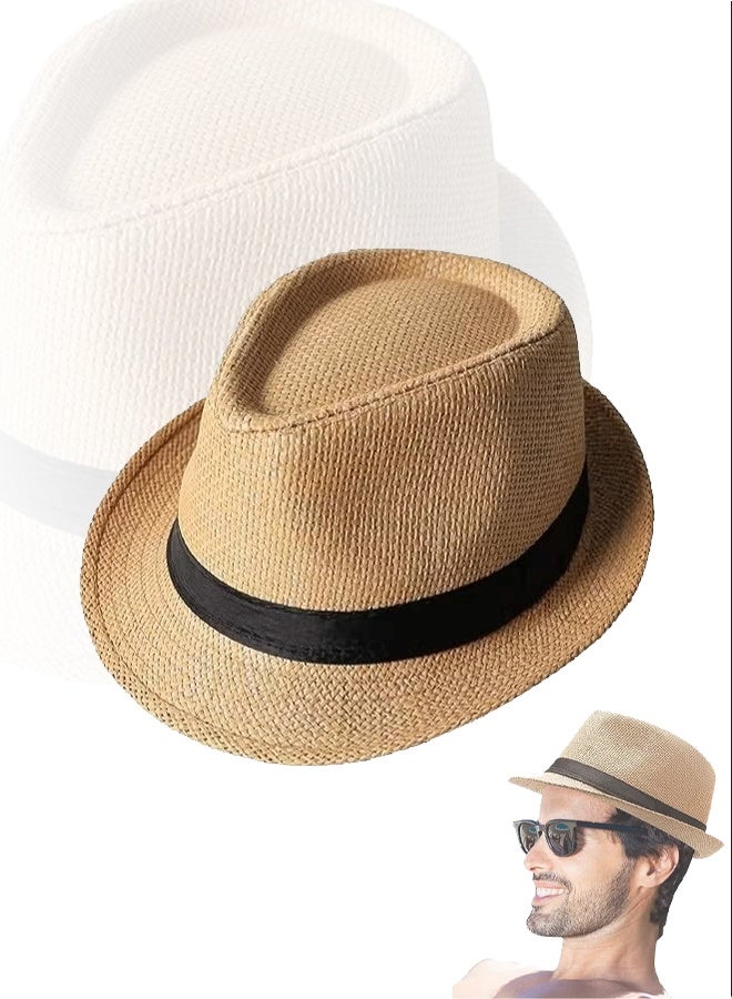 قبعة من القش، قبعة قش عصرية للجنسين مع شريط متباين وحافة مجعدة للرجال، قبعة بنما جاز - Image 1