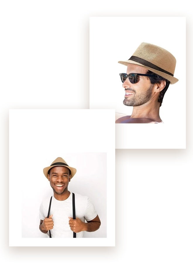 قبعة من القش، قبعة قش عصرية للجنسين مع شريط متباين وحافة مجعدة للرجال، قبعة بنما جاز - Image 5