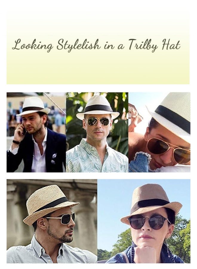 قبعة من القش، قبعة قش عصرية للجنسين مع شريط متباين وحافة مجعدة للرجال، قبعة بنما جاز - Image 2