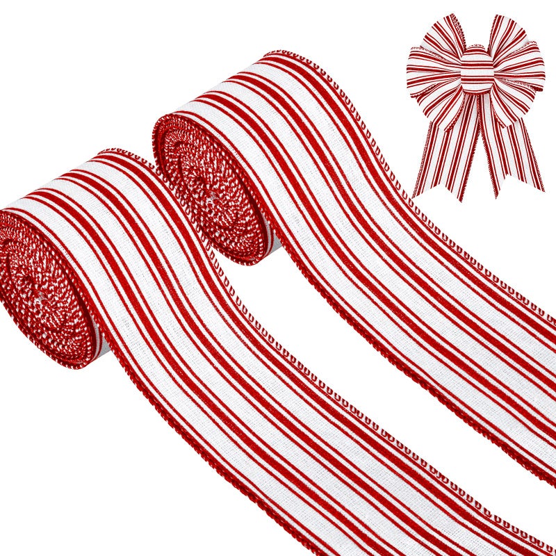 Whaline 2 Rolls Christmas Wired Edge Ribbon Christmas White Red Striped Fabric Ribbon Farmhouse Craft Ribbon for DIY Gift Wrapping Wreath Floral Arrangement Bow Decoration25 Inch x 12 Yard