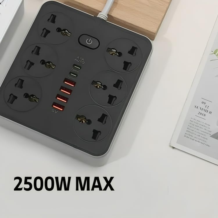 BOVTY Extension Board with 20W Fast PD Type C 2500W 10A Extension Cord 4 Universal Socket 38W USB Fast Charging Ports Multi Port Extension for Home,Office,Computer,Mobile 2M Power Cord. (Z67-Black) - Image 3