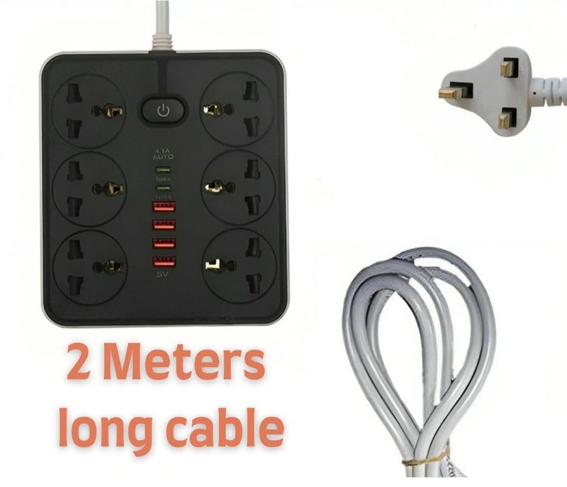BOVTY Extension Board with 20W Fast PD Type C 2500W 10A Extension Cord 4 Universal Socket 38W USB Fast Charging Ports Multi Port Extension for Home,Office,Computer,Mobile 2M Power Cord. (Z67-Black) - Image 2