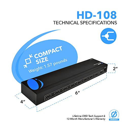 OREI HDMI Splitter 1 in 8 Out with Video Resolutions up to 4K@30hz, EDID Management, 10.2 Gbps Video Bandwidth & Plug and Play Installation - Image 5
