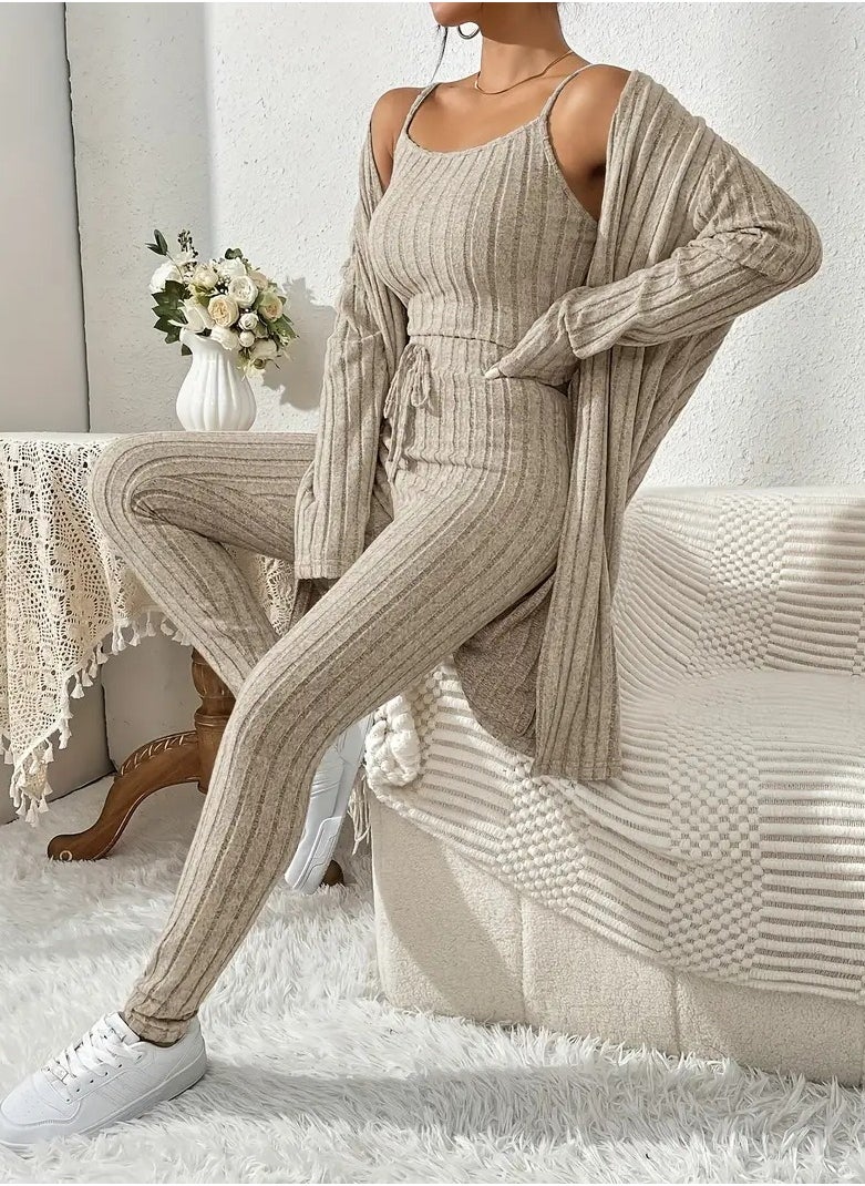 Generic A Set Consisting Of 3 Pieces Khaki Color The First Piece Is A Long Cardigan Jacket With Open Front And Long Sleeves The Second Piece Is A Shirt With Thin Straps And An Open Neck Collar And The Third Piece Is Pants With A Tie At The Waist Crocheted And Wool Size XXL  - Image 1