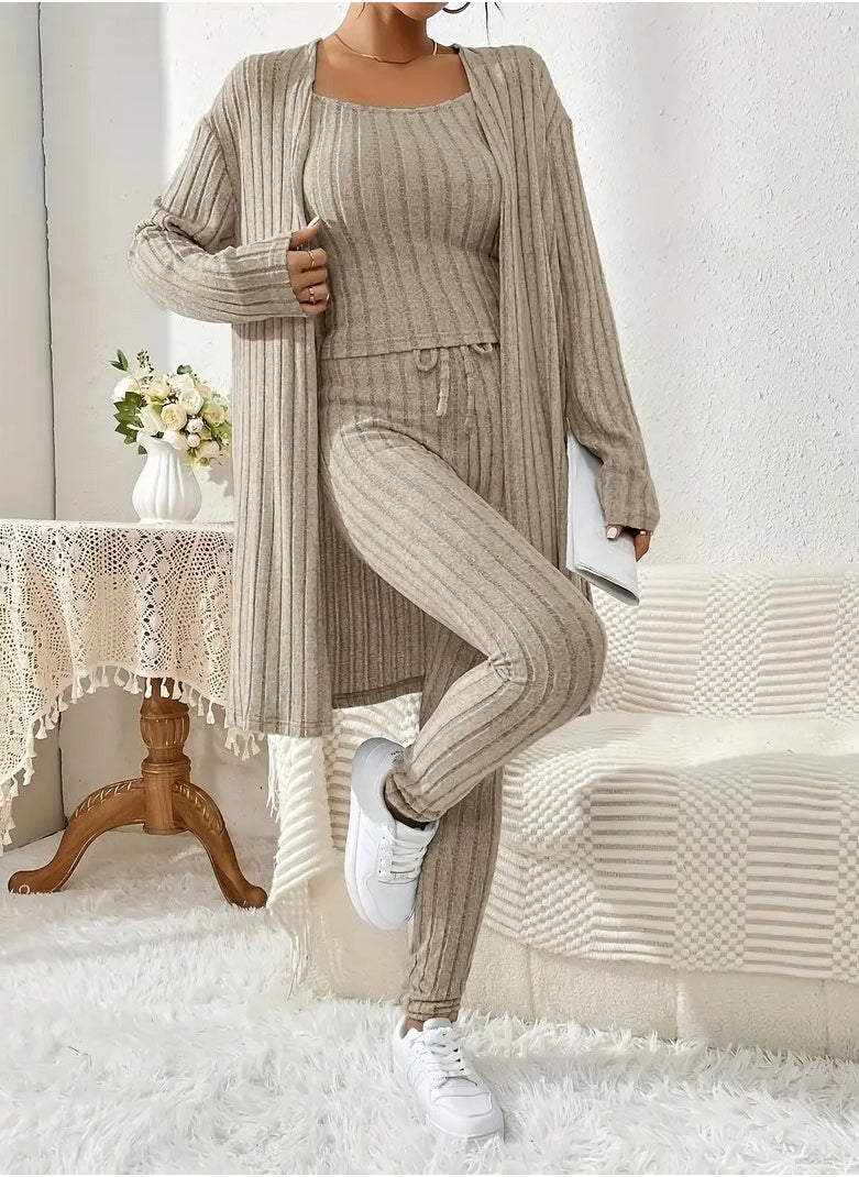 Generic A Set Consisting Of 3 Pieces Khaki Color The First Piece Is A Long Cardigan Jacket With Open Front And Long Sleeves The Second Piece Is A Shirt With Thin Straps And An Open Neck Collar And The Third Piece Is Pants With A Tie At The Waist Crocheted And Wool Size XXL  - Image 3