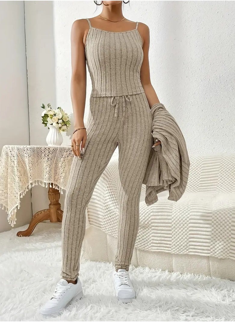 Generic A Set Consisting Of 3 Pieces Khaki Color The First Piece Is A Long Cardigan Jacket With Open Front And Long Sleeves The Second Piece Is A Shirt With Thin Straps And An Open Neck Collar And The Third Piece Is Pants With A Tie At The Waist Crocheted And Wool Size XXL  - Image 5