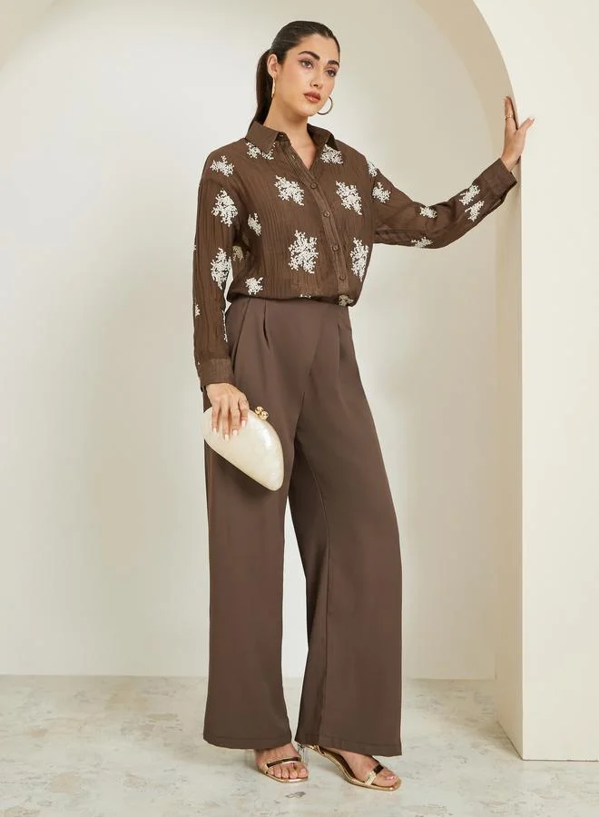 Styli Women Brown Embroidered Long Sleeve Shirt