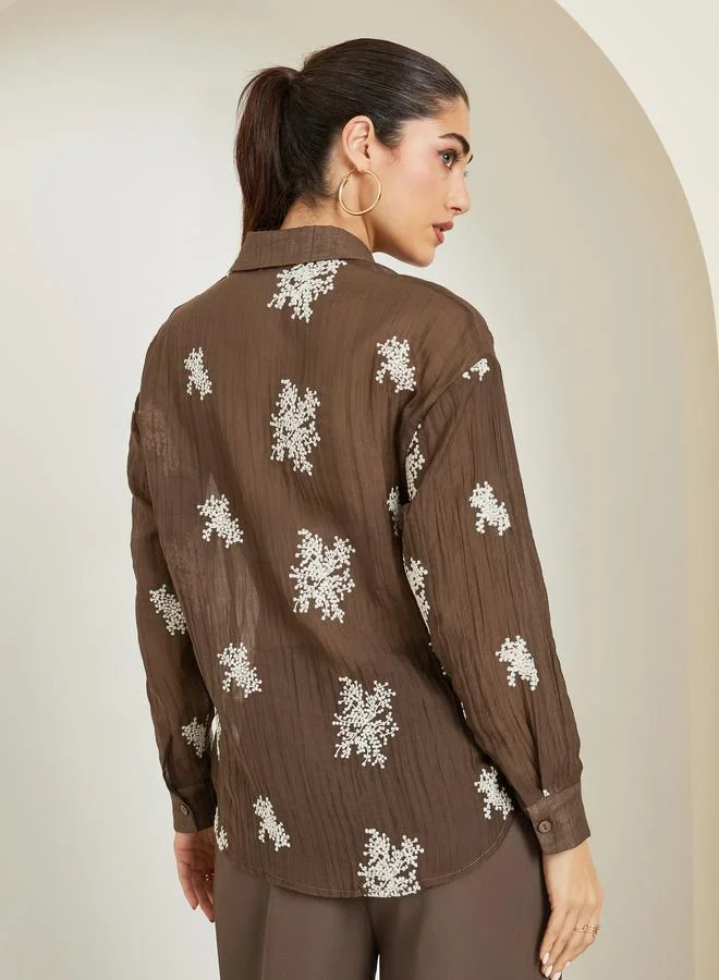 Styli  Women Brown Embroidered Long Sleeve Shirt for Women | Best Price UAE