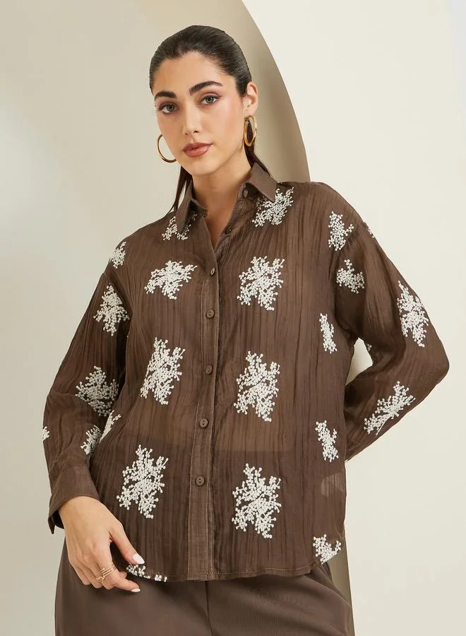 Styli  Women Brown Embroidered Long Sleeve Shirt for Women | Best Price UAE