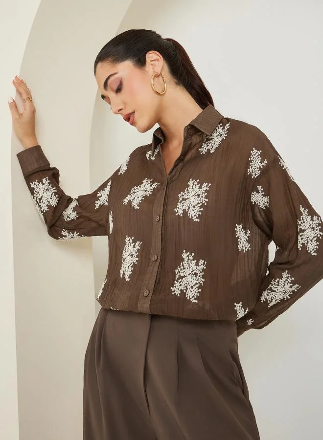 Women Brown Embroidered Long Sleeve Shirt