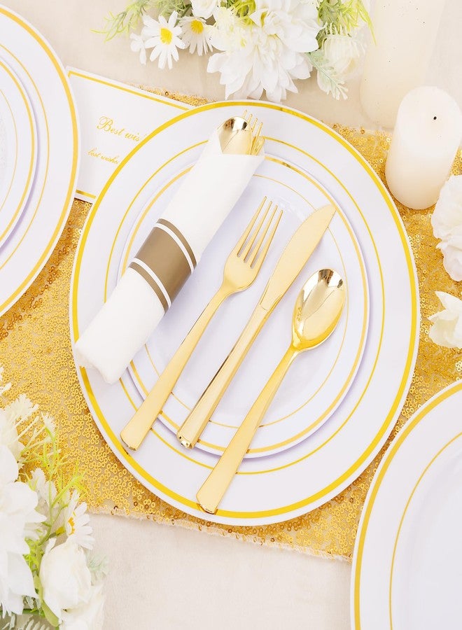 DaYammi 350PCS Gold Plastic Dinnerware Set for 50 Guests, Fancy Disposable Plates for Party, Include: 50 Dinner Plates, 50 Dessert Plates, 50 Pre Rolled Napkins with Gold Silverware, 50 Cups - Image 2
