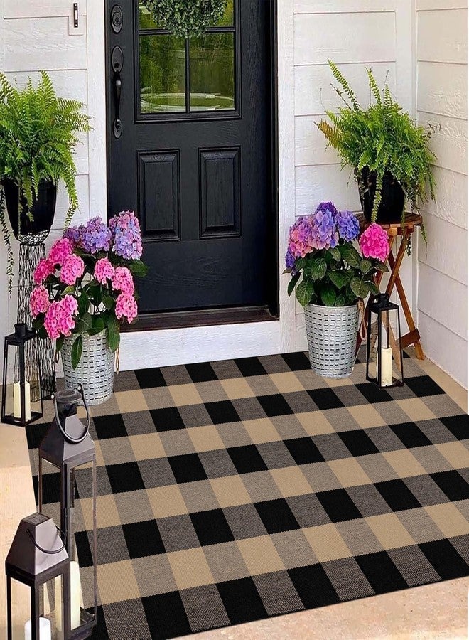 BUAGETUP Washable Outdoor Rug 3'x5',Black and Tan Checkered Rug Cotton Woven Washable Farmhouse Front Door Mat Outdoor for Entryway,Patio,Bedroom,Hello Welcome Mat - Image 5