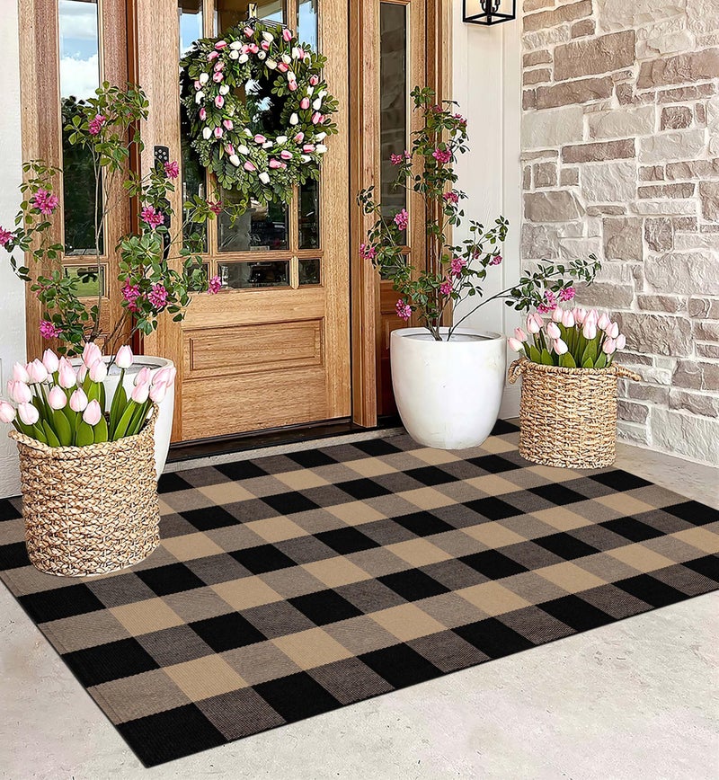 BUAGETUP Washable Outdoor Rug 3'x5',Black and Tan Checkered Rug Cotton Woven Washable Farmhouse Front Door Mat Outdoor for Entryway,Patio,Bedroom,Hello Welcome Mat - Image 1