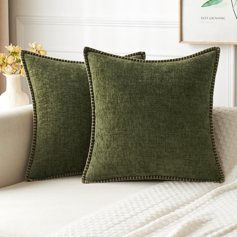 MIULEE Pack of 2 Couch Throw Pillow Covers 18x18 Inch Olive Green Farmhouse Decorative Pillow Covers with Stitched Edge Soft Chenille Solid Dyed Spring Pillow Covers for Sofa Bed Living Room - Image 1