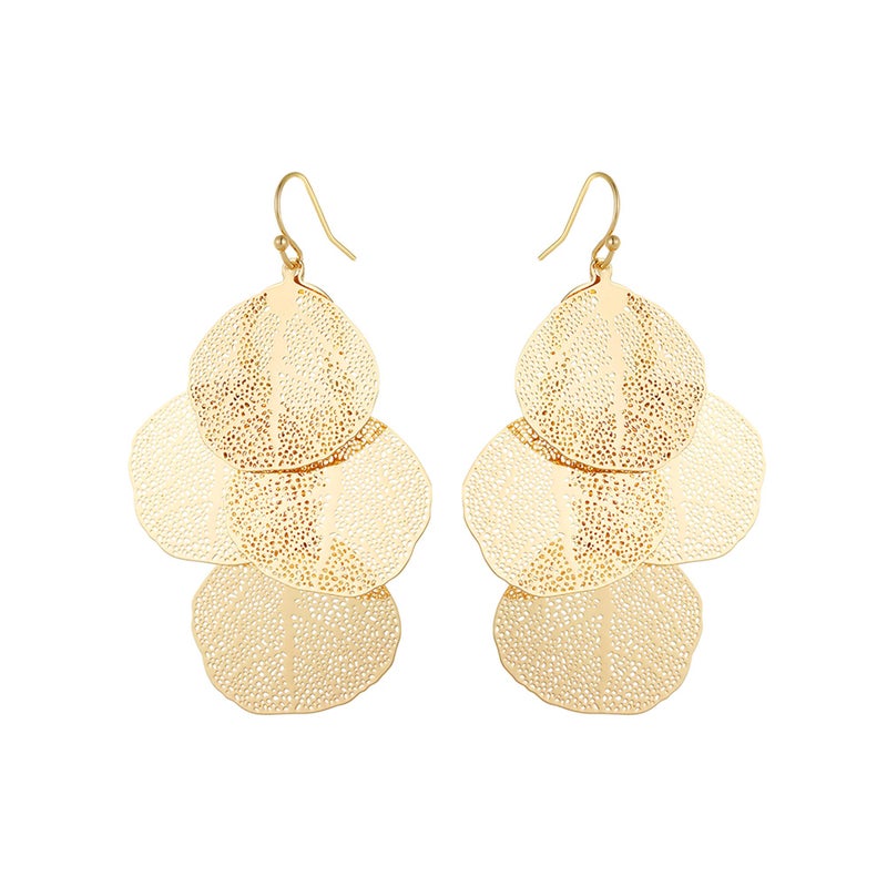 NTLX Bohemian Boho Filigree Leaf Chandelier Dangle Earrings for Women â€“ Handcrafted Delicate â€“ 14K Gold Plated â€“ Lightweight (Gold - 3 Layered Circle Leaf Chandelier) - Image 1