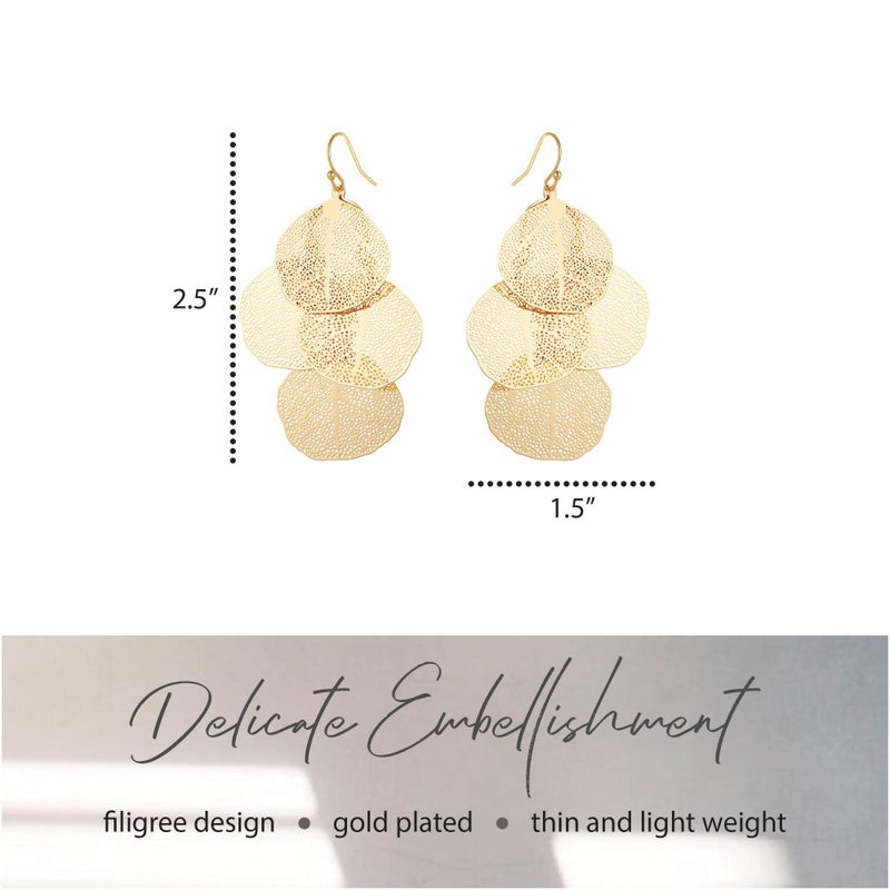 NTLX Bohemian Boho Filigree Leaf Chandelier Dangle Earrings for Women â€“ Handcrafted Delicate â€“ 14K Gold Plated â€“ Lightweight (Gold - 3 Layered Circle Leaf Chandelier) - Image 2