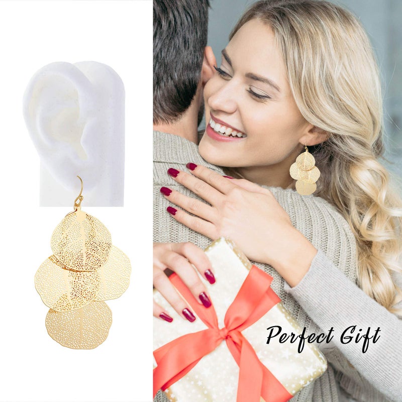 NTLX Bohemian Boho Filigree Leaf Chandelier Dangle Earrings for Women â€“ Handcrafted Delicate â€“ 14K Gold Plated â€“ Lightweight (Gold - 3 Layered Circle Leaf Chandelier) - Image 5