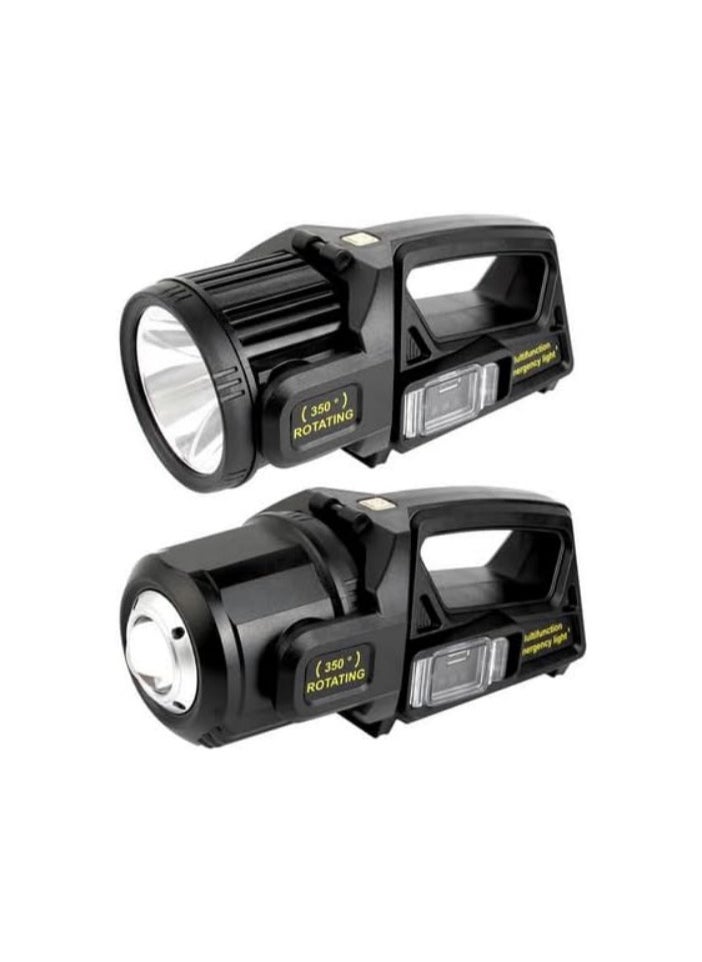 High brightness torch with 360 degree rotating head for replacement, powered by rechargeable lithium battery via C connector or solar energy, can be used as a power bank for charging mobile phones, traveling, hunting, trips and camping
