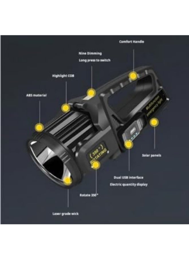 High brightness torch with 360 degree rotating head for replacement, powered by rechargeable lithium battery via C connector or solar energy, can be used as a power bank for charging mobile phones, traveling, hunting, trips and camping