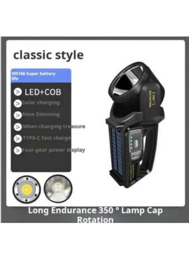 High brightness torch with 360 degree rotating head for replacement, powered by rechargeable lithium battery via C connector or solar energy, can be used as a power bank for charging mobile phones, traveling, hunting, trips and camping