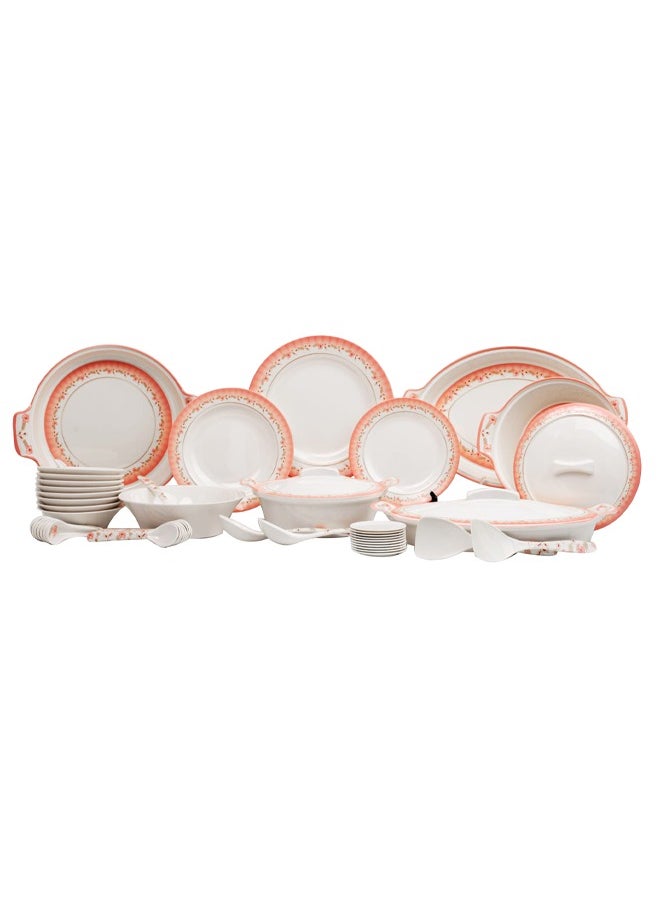 DMW - DMW Prestige Round Design No.2 – Premium Melamine Dinnerware Set, 64 Pieces, Coral Blush Floral Rim, Scratch Resistant, Unbreakable, Dishwasher Safe, Double Glaze for Durability and Elegance - Image 1