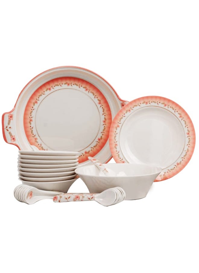 DMW - DMW Prestige Round Design No.2 – Premium Melamine Dinnerware Set, 64 Pieces, Coral Blush Floral Rim, Scratch Resistant, Unbreakable, Dishwasher Safe, Double Glaze for Durability and Elegance - Image 1