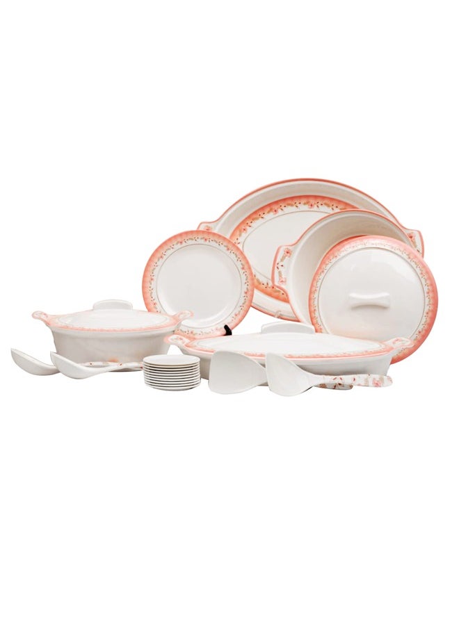 DMW - DMW Prestige Round Design No.2 – Premium Melamine Dinnerware Set, 64 Pieces, Coral Blush Floral Rim, Scratch Resistant, Unbreakable, Dishwasher Safe, Double Glaze for Durability and Elegance - Image 1